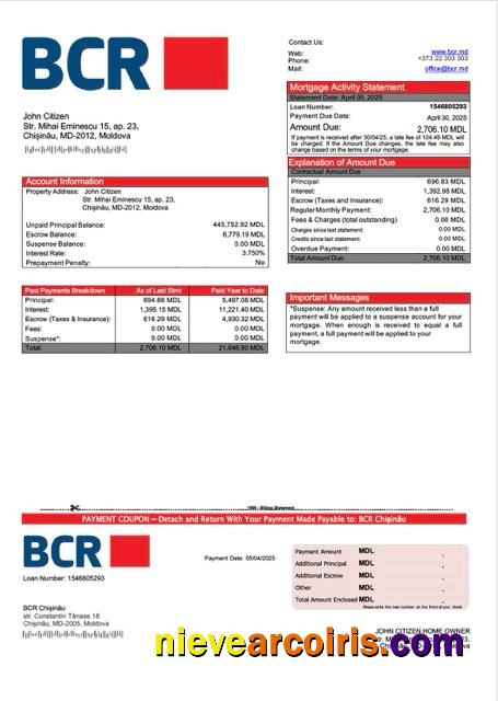 Moldova BCR Chișinău mortgage statement Word and PDF template